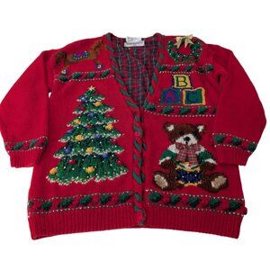 90s Marisa Christina Ugly Christmas Cardigan Womens Size Medium Red Sweater